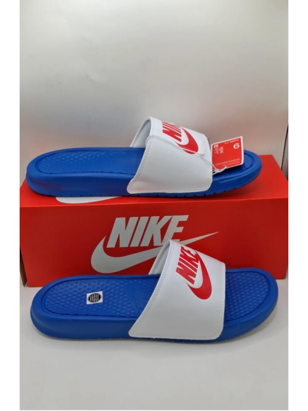 Nike Benassi JDI Sandals Mens Blue White Red Slip On 343880 410 SZ 9US,  SZ 8UK